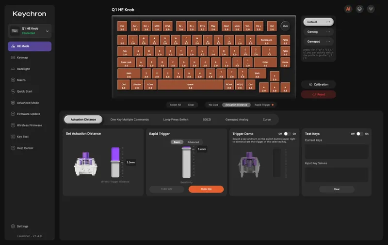 Keychron Launcher in HE Mode with Rapid Trigger and Trigger Demo