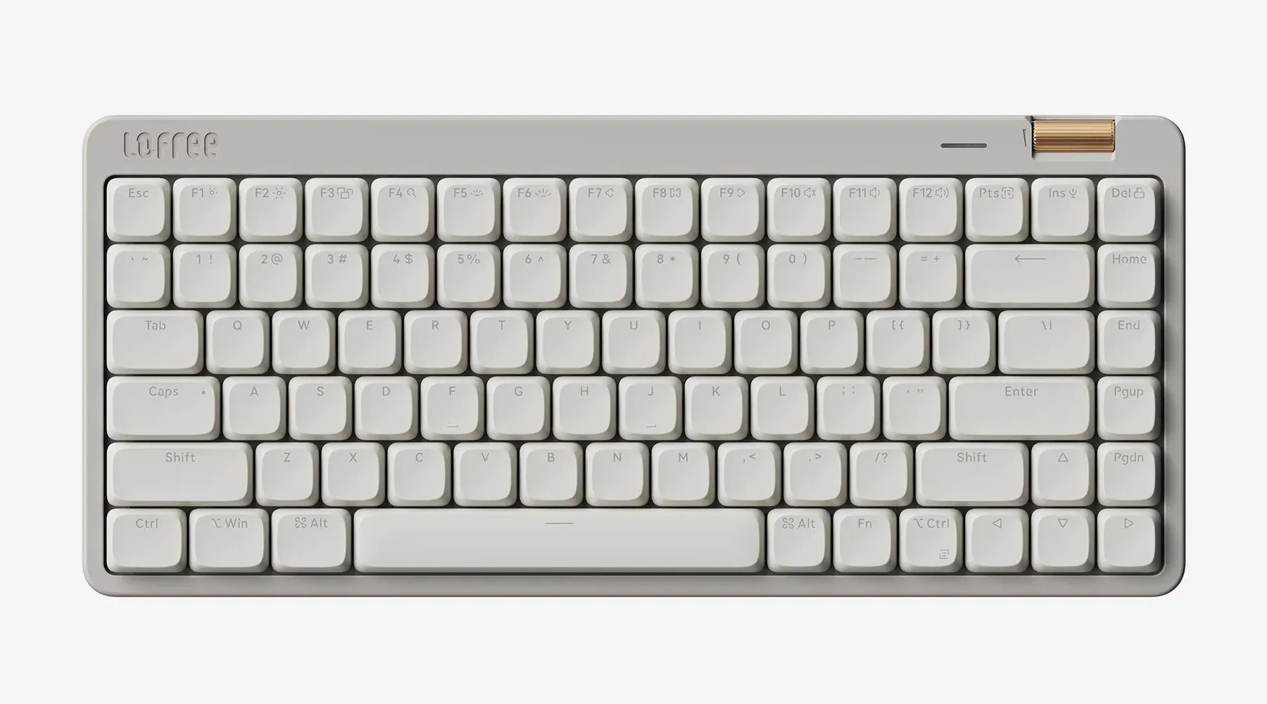 Lofree Flow Lite 84 in grey from straight above, with the volume roller top right and the Lofree logo top left