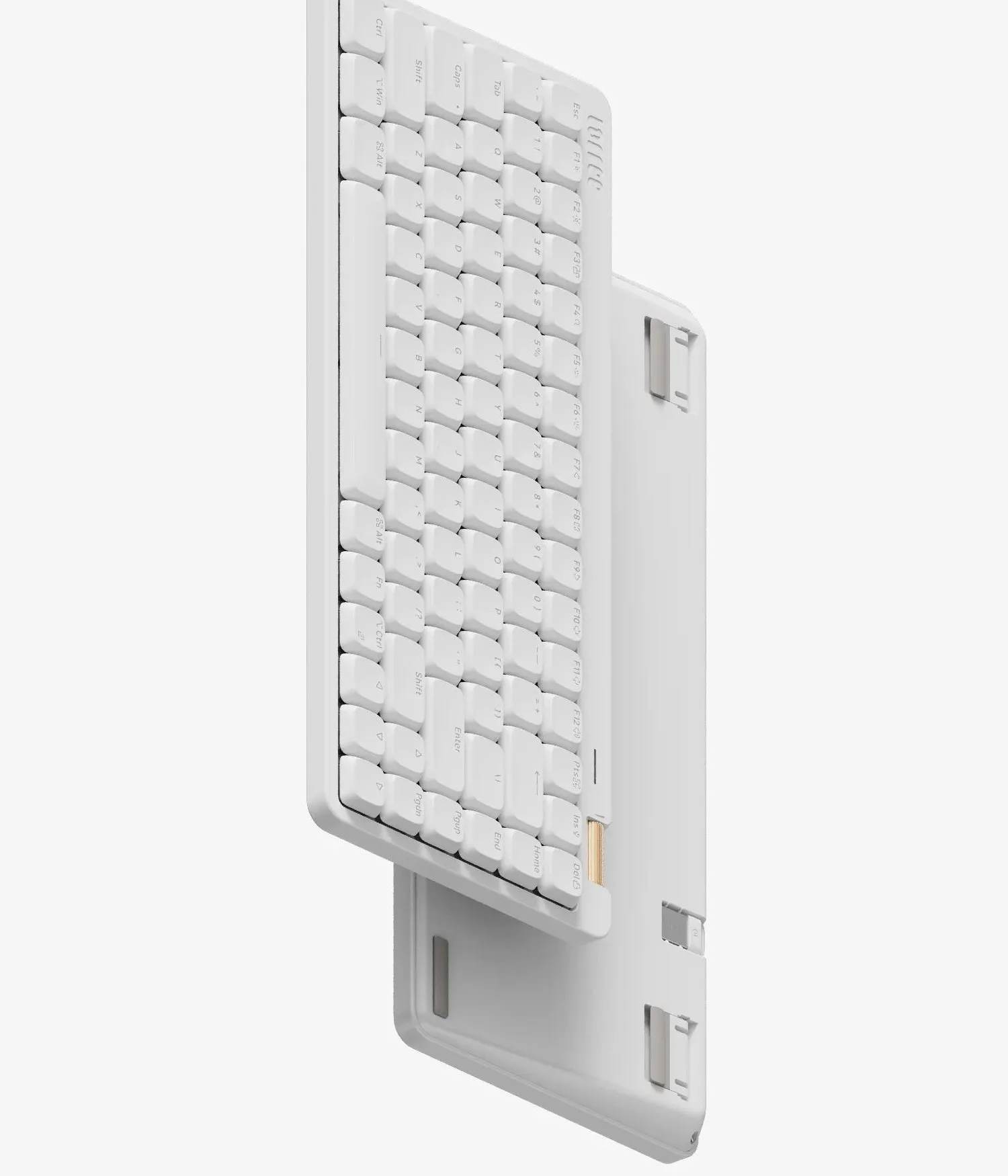 Lofree Flow Lite 84 in Off White seen from above and from below, with the slot for the 2.4 GHz receiver and the kickstand feet visible underneath