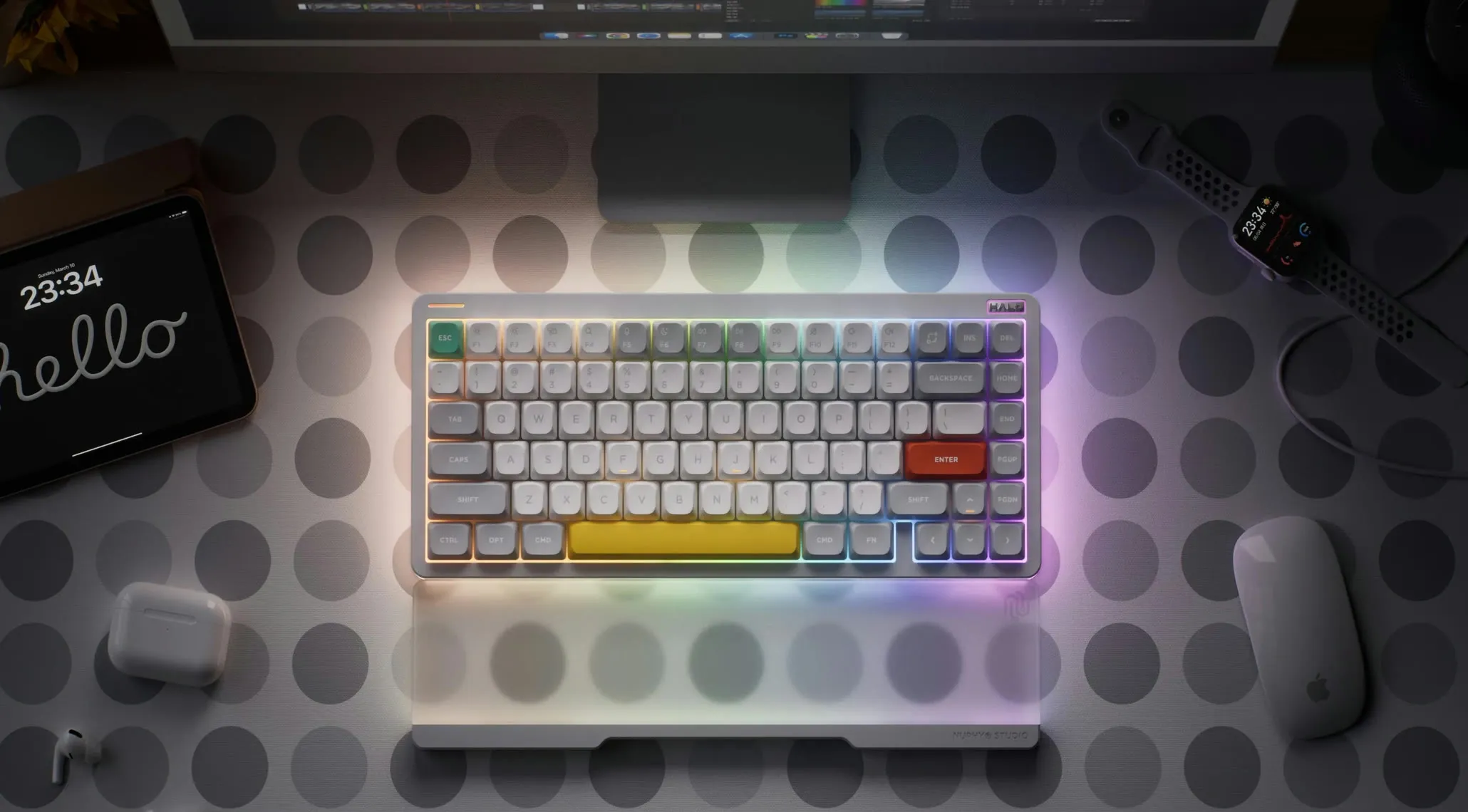 NuPhy Halo75 V2 in Ionic White from above with the lights on, the halo spreading across the desk and into the translucent wrist rest