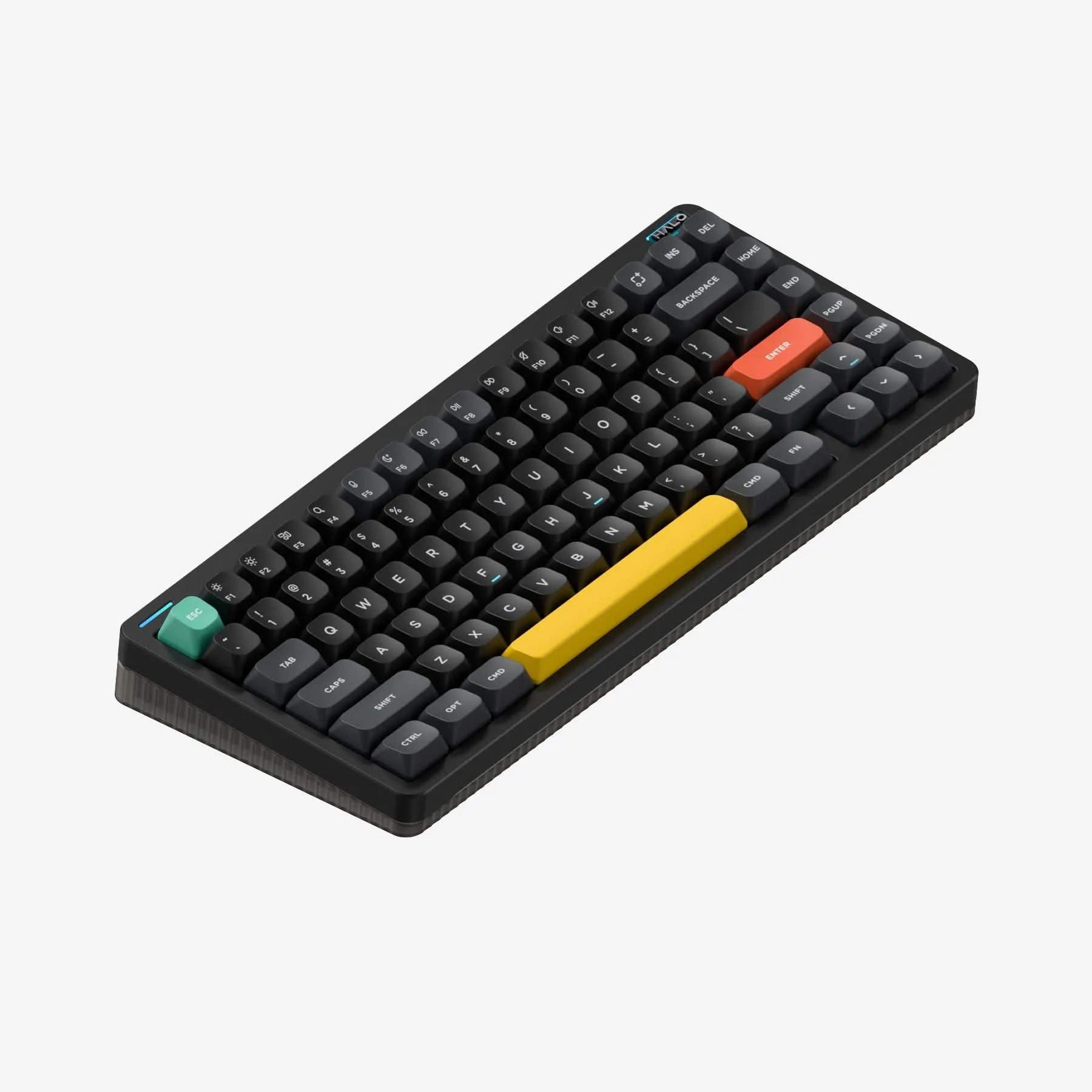 NuPhy Halo75 V2 in Obsidian Black with a yellow spacebar and a red Enter key, press image