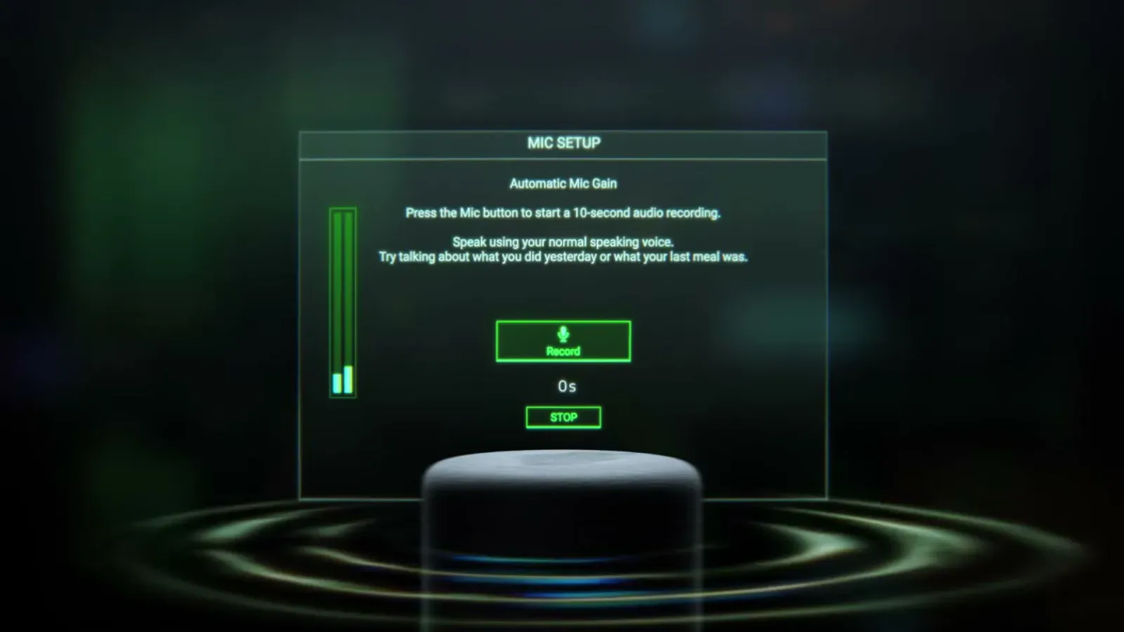 The Mic Setup screen in Razer Synapse with automatic gain calibration