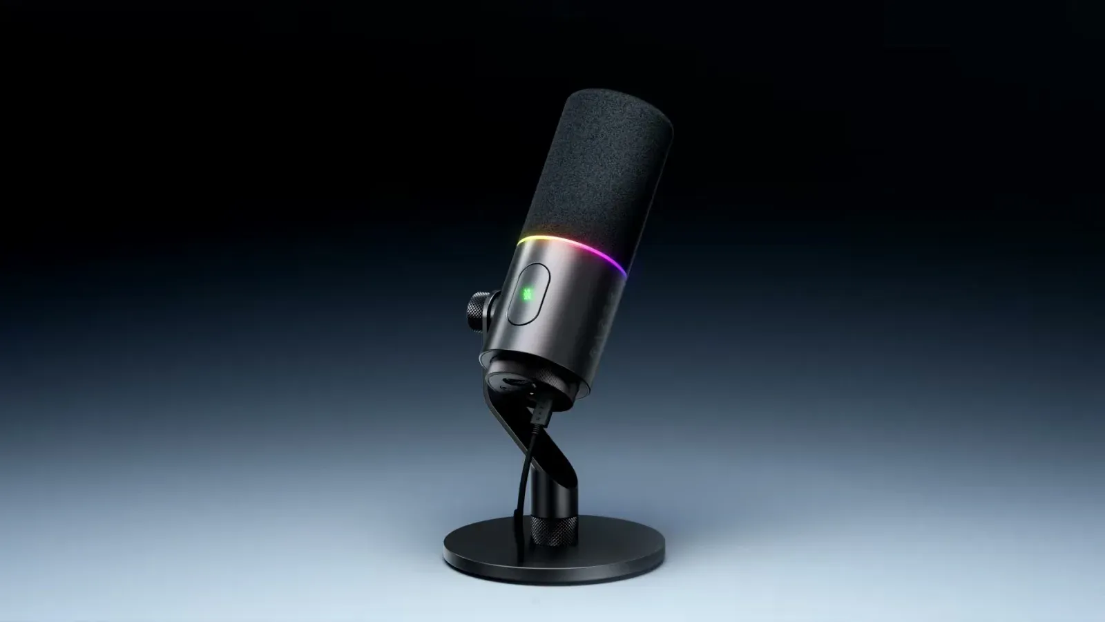 Razer Seiren V3 Pro on a desk stand against a neutral background