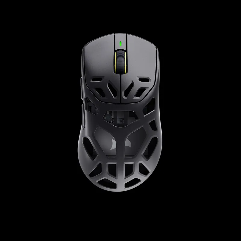 Corsair Sabre v3 Pro PureVector Magnesium in black magnesium alloy with a hole pattern, seen from above