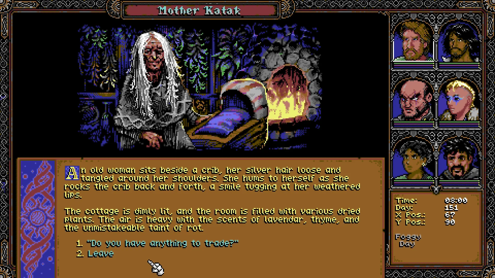 Dialogue scene in SKALD where the old woman Mother Katak sits by a cradle in front of the fireplace, with text choices below the image