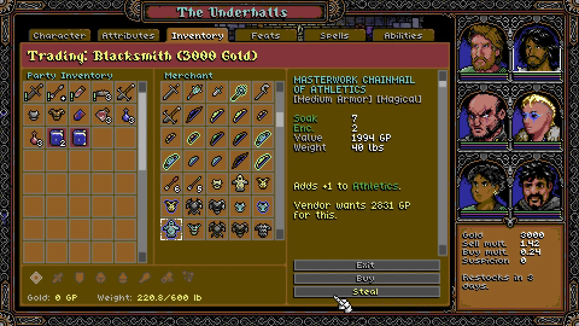 The blacksmith's trade menu in The Underhalls in SKALD, with the party's inventory on the left and the smith's wares on the right