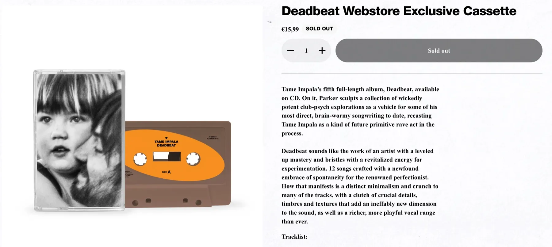 Tame Impala's webstore showing the album Deadbeat on cassette, sold out at €15.99
