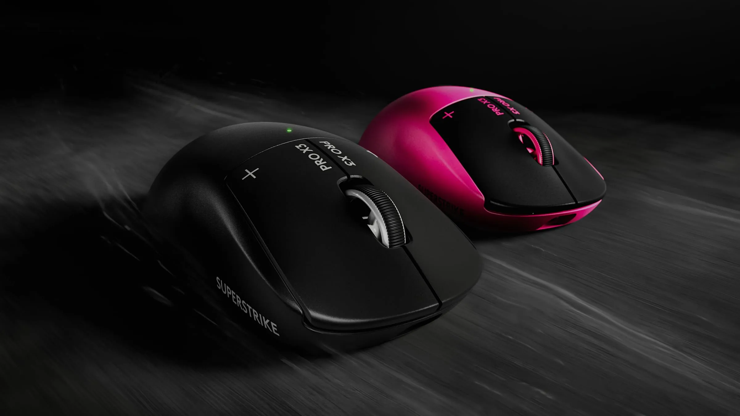 Logitech G Pro X3 Superstrike in Midnight Black and Magenta Eclipse side by side on a dark background