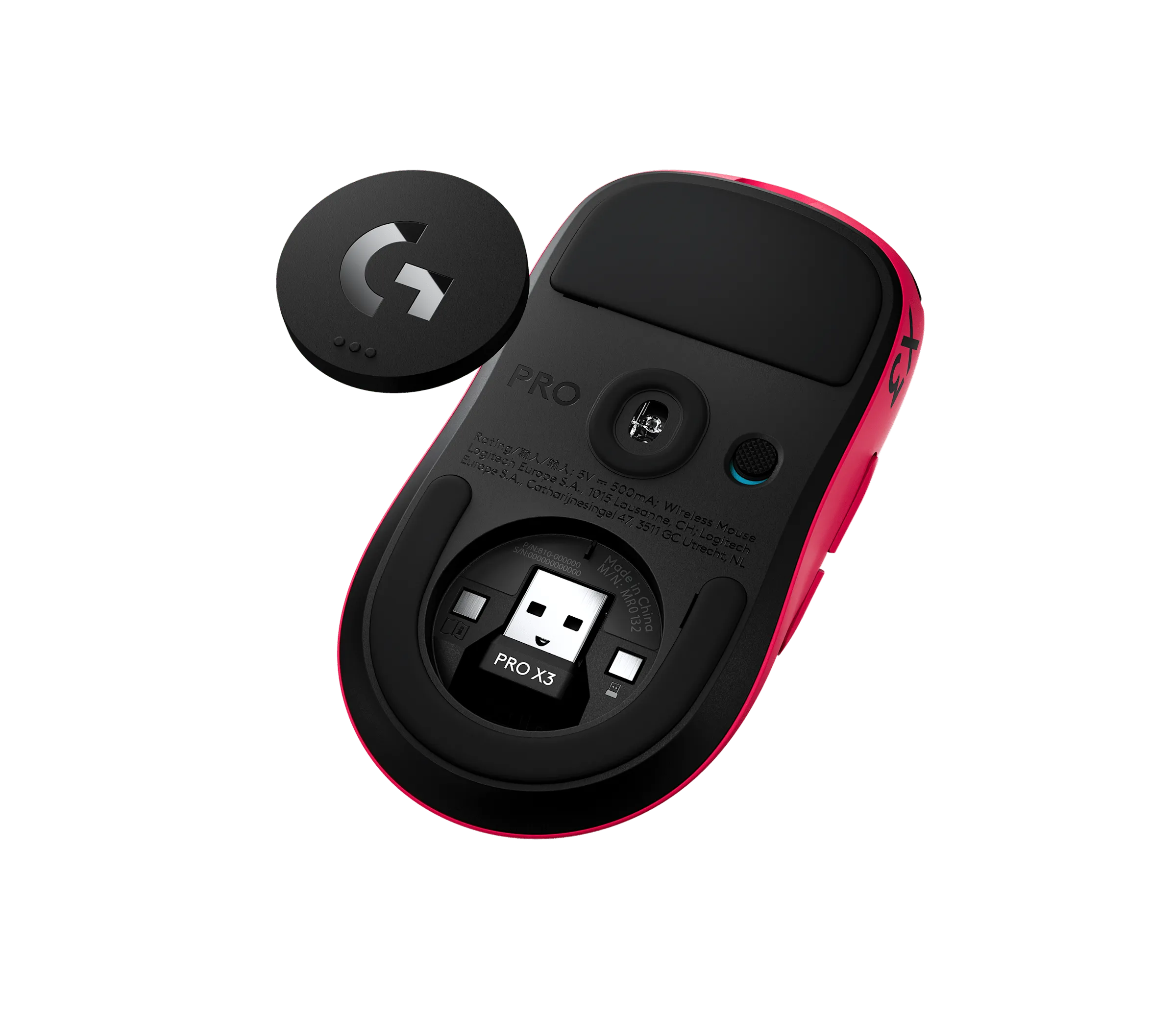 Underside of the Logitech G Pro X3 Superstrike in Magenta Eclipse with the sensor, the receiver in its slot and the magnetic cover next to it
