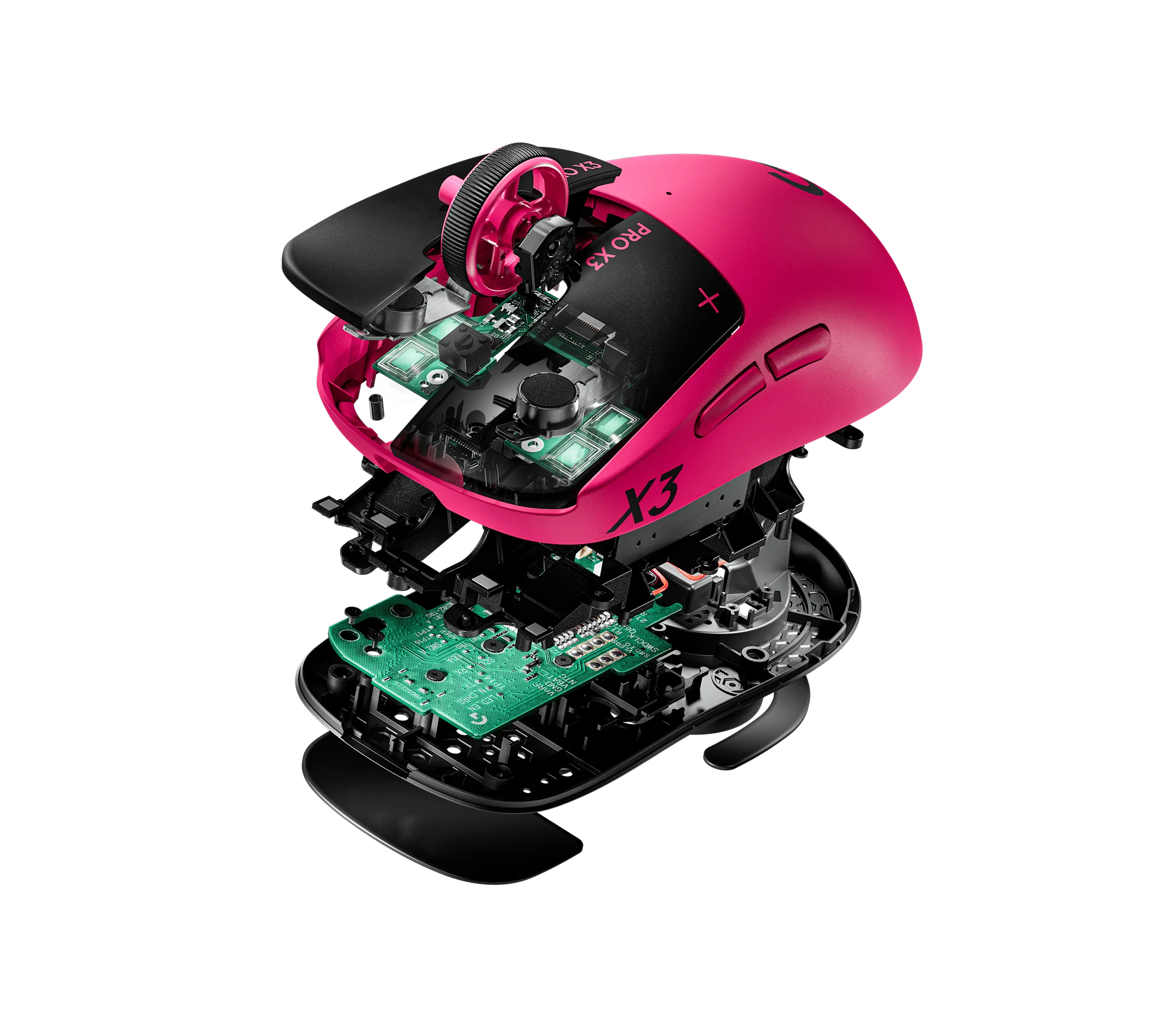 Exploded view of the Logitech G Pro X3 Superstrike in Magenta Eclipse showing the shell, circuit board, haptic motors and base plate