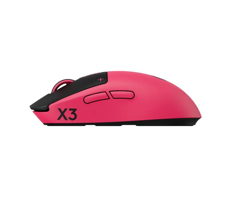 Logitech G Pro X3 Superstrike in Magenta Eclipse seen from the left side, with the X3 logo and two side buttons