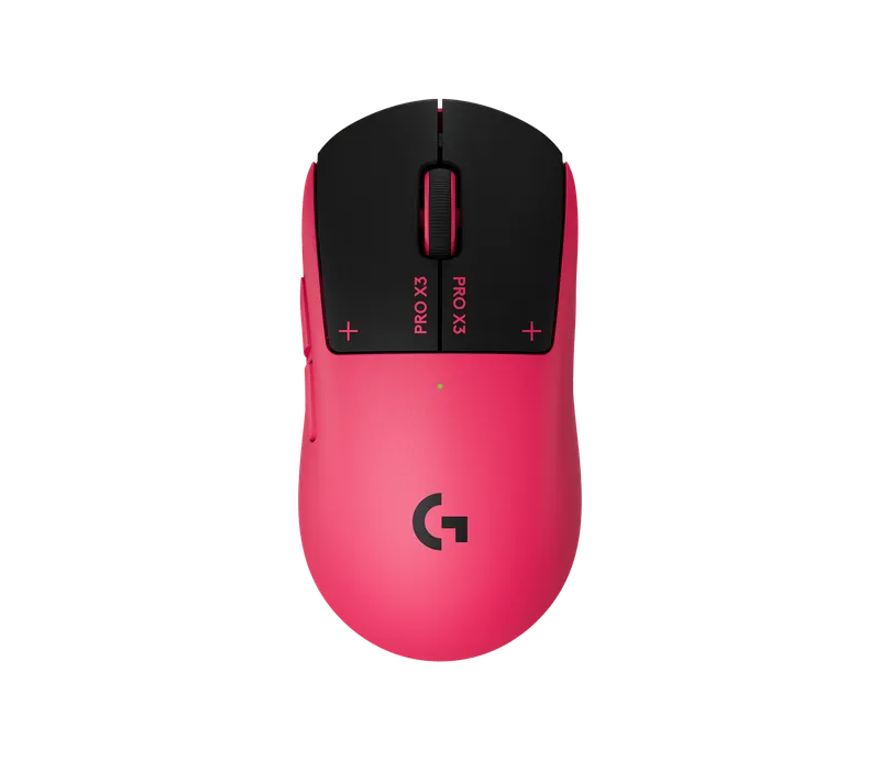 Logitech G Pro X3 Superstrike in Magenta Eclipse seen from above, with black main buttons and a magenta shell