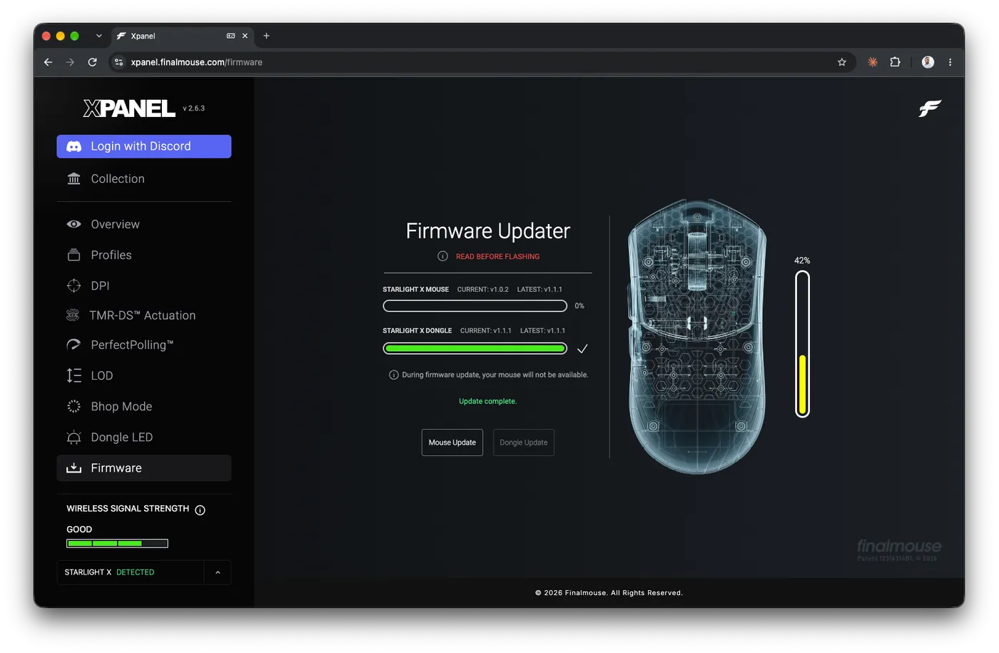 Firmware update in Xpanel, with the dongle updated to version 1.1.1
