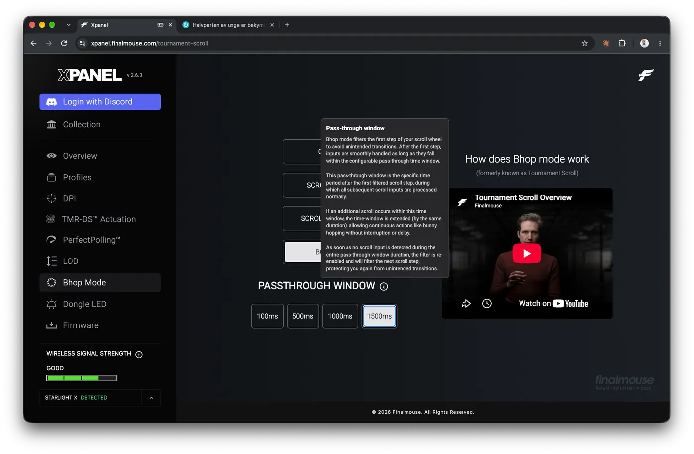 Bhop mode in Xpanel with the passthrough window set to 1500 ms and the Finalmouse explanation open