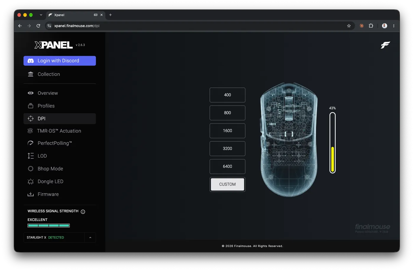 The DPI page in Xpanel with the five presets and the button for a custom DPI