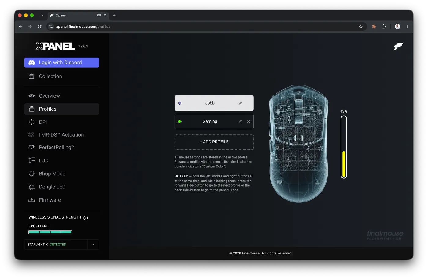 The profiles page in Xpanel with two profiles, Work and Gaming