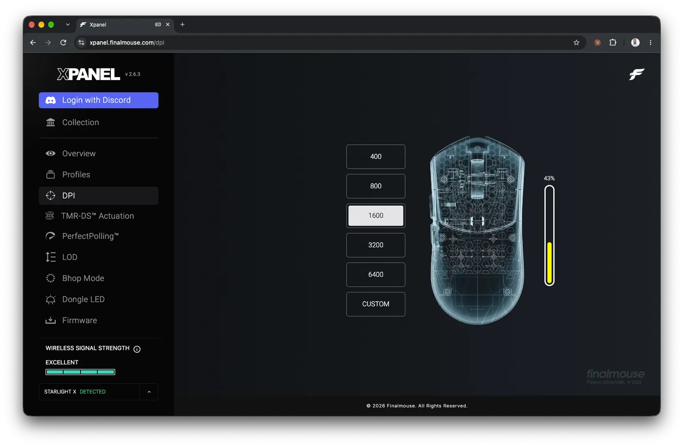 The DPI page in Xpanel with the presets 400, 800, 1600, 3200 and 6400, with 1600 selected