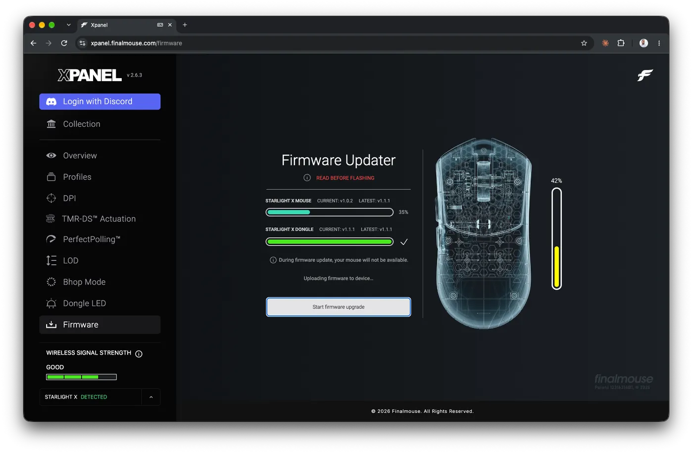 Firmware update in Xpanel, with the firmware being flashed to the mouse